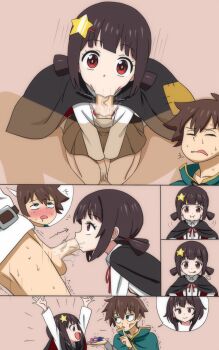 1boy 1girl :>= age_difference black_cloak bottomless brown_background brown_hair candy censored cloak clueless comic erection fellatio food gokkun green_cloak hetero highres hippo_power komekko kono_subarashii_sekai_ni_shukufuku_wo! loli long_hair low_twintails megumin mosaic_censoring oral penis red_eyes revision satou_kazuma shirt short_hair short_twintails silent_comic simple_background twintails white_shirt