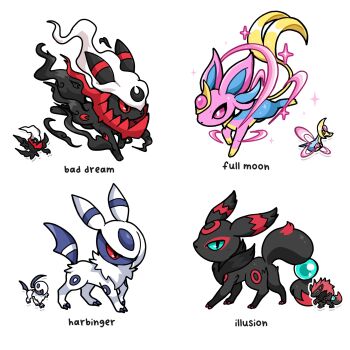 absol animal_focus black_eyes colored_sclera commentary cresselia darkrai english_commentary espeon full_body fusion gen_2_pokemon gen_3_pokemon gen_4_pokemon gen_5_pokemon green_sclera highres legendary_pokemon mamobot mythical_pokemon nintendo no_humans pokemon pokemon_(creature) pokemon_focus purple_eyes red_sclera simple_background standing umbreon white_background zoroark