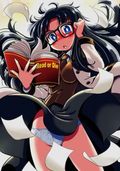 1girl :o adjusting_hair ahoge black-framed_eyewear black_hair black_skirt blue_eyes blush book breasts bright_pupils brown_necktie brown_trim brown_vest clothes_lift collared_shirt commentary copyright_name cowboy_shot dress_shirt embarrassed floating_hair glasses gradient_background groin hashtag-only_commentary hiro68 holding holding_book jacket long_hair looking_at_viewer medium_breasts messy_hair necktie nose_blush open_book open_clothes open_jacket open_mouth panties pantyshot paper parted_bangs playing_with_own_hair read_or_die reading rectangular_eyewear shirt skirt skirt_lift solo standing underwear vest white_background white_jacket white_panties white_pupils white_shirt wind wind_lift yellow_background yomiko_readman