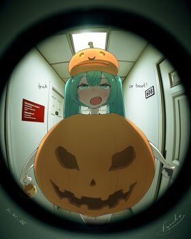 absurdres blush english_text halloween halloween_costume hatsune_miku highres looking_at_viewer pov_peephole pumpkin pumpkin_costume ryouko_c signature trick_or_treat vocaloid