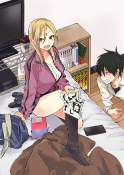 1boy 1girl akutsu_riko bag black_hair black_skirt blonde_hair blue_background bookshelf cellphone clenched_teeth collared_shirt commentary_request cover_image fang game_console highres holding holding_manga indoors kaette_kudasai!_akutsu-san looking_at_viewer manga_(object) nagaoka_taichi no_shoes phone playstation_4 purple_hair school_bag school_uniform shirt sitting skin_fang skirt smartphone solo_focus teeth white_shirt wooden_floor
