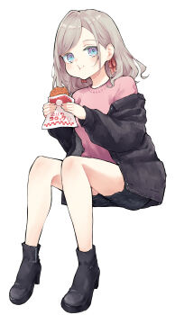 1girl :t absurdres black_boots black_jacket black_shorts boots ceras_yanagida_lilienfeld closed_mouth commentary_request croquette eating food hair_ribbon highres holding holding_food invisible_chair jacket link!_like!_love_live! long_sleeves looking_at_viewer love_live! mendo_(mend0o0) off_shoulder open_clothes open_jacket pink_ribbon ribbon shorts simple_background sitting solo virtual_youtuber white_background zipper_footwear zozotown