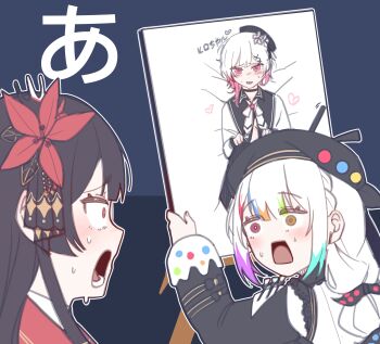 2girls artist_painter bai_weizi_lingzi beret black_hair blunt_bangs bow canvas_(object) commentary_request constricted_pupils drawing_(object) easel flower hair_flower hair_ornament hat heterochromia highres implied_pornography jogasaki_noah long_hair long_sleeves looking_at_another mahou_shoujo_no_majo_saiban multi-tied_hair multicolored_hair multiple_girls nervous_sweating nikaido_hiro open_mouth polka_dot polka_dot_bow profile red_eyes red_flower sakuraba_ema streaked_hair surprised sweat sweatdrop translation_request upper_body white_hair yellow_eyes