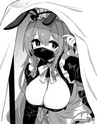 Rule 34 | 1girl, alternate costume, animal ears, apron, azur lane, azur lane: slow ahead, black mask, boise (azur lane), boise (flawed but delectable) (azur lane), breasts, cleavage, cleavage cutout, clothing cutout, enmaided, fake animal ears, greyscale, hori (hori no su), large breasts, long hair, long sleeves, looking at viewer, maid, maid headdress, mask, monochrome, mouth mask, official alternate costume, official art, rabbit ears, solo, tablecloth, under table, waist apron