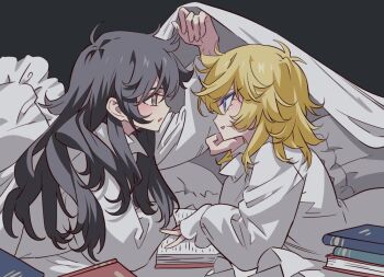 1boy 1girl andre_grandier arm_up black_hair black_shirt blonde_hair blue_eyes book book_stack commentary_request hair_between_eyes long_hair long_sleeves looking_at_another lying meremero on_stomach open_book open_mouth oscar_francois_de_jarjayes pillow profile shirt smile under_covers upper_body versailles_no_bara white_shirt