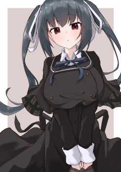 1girl absurdres black_capelet black_hair black_shirt black_skirt blue_ribbon blush border breasts brown_background buttons capelet collared_shirt commentary cowboy_shot double-breasted floating_hair hair_ribbon highres honma_misuzu long_hair long_sleeves looking_at_viewer neck_ribbon outside_border parted_lips red_eyes ribbon sakura_no_toki sakura_no_uta school_uniform shirt sidelocks simple_background skirt solo takoyaki032002 twintails v_arms very_long_hair white_border white_ribbon