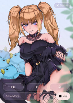 1girl absurdres ani_(xai) asymmetrical_legwear bare_shoulders ben-day_dots black_dress black_gloves black_thighhighs blonde_hair commentary dress english_commentary fishnet_thighhighs fishnets gloves highres holy_b._bob lace lace-trimmed_thighhighs lace_trim looking_at_viewer purple_eyes screentones short_dress short_sleeves smile thighhighs twintails twitter twitter_bird user_interface xai_(company)