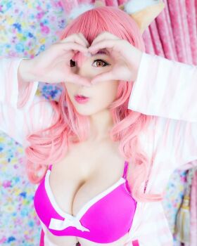 1girl animal_ears brown_eyes cosplay fake_animal_ears fate/grand_order fate_(series) female_focus heart heart_hands highres long_hair looking_at_viewer model photo_(medium) pink_hair shibuya_kaho solo tamamo_no_mae_(fate) tamamo_no_mae_(fate)_(cosplay) wig