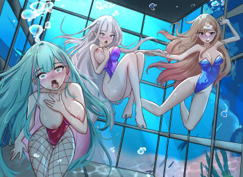 3girls absurdres air_bubble asphyxiation bad_end barefoot blonde_hair breasts bubble cage character_request clutching_chest curled_fingers drowning emilia_(re:zero) fishnet_pantyhose fishnets green_eyes green_hair highres kitagawa_marin large_breasts long_hair marima666 multiple_girls nipples one-piece_swimsuit open_mouth panicking pantyhose re:zero_kara_hajimeru_isekai_seikatsu red_eyes sono_bisque_doll_wa_koi_wo_suru swimsuit underwater white_hair wide-eyed