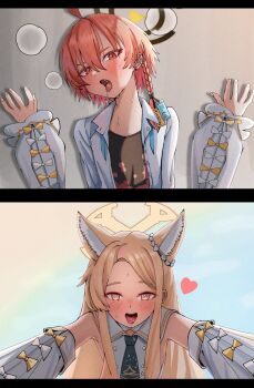 2girls absurdres ahoge animal_ear_fluff animal_ears blonde_hair blue_archive braid cross_halo female_pov floral_print_shirt fox_ears fox_girl halo highres long_hair mole multiple_girls neru_(blue_archive) neru_(school_uniform)_(blue_archive) open_mouth orange_hair pov red_eyes seia_(blue_archive) shirt single_braid taeman tongue tongue_out white_shirt yellow_halo yuri