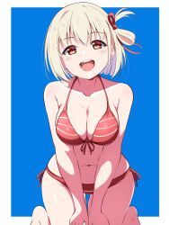 Rule 34 | 1girl, :d, bare shoulders, bikini, blonde hair, blush, border, borgbutler, breasts, cleavage, hair ribbon, highres, kneeling, large breasts, leaning forward, looking at viewer, lycoris recoil, navel, nishikigi chisato, one side up, open mouth, red bikini, red eyes, red ribbon, ribbon, short hair, smile, solo, stomach, striped bikini, striped clothes, swimsuit, white border