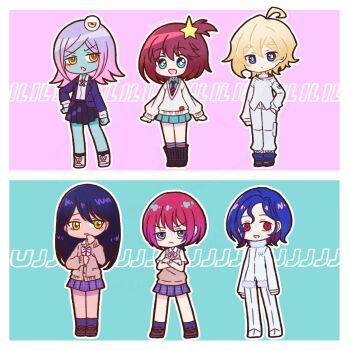 Rule 34 | >:(, 2boys, 4girls, :d, ahoge, alpha omega nova, alpha omega nova (cosplay), amate yuzuriha, amate yuzuriha (cosplay), aqua background, aqua eyes, aqua shirt, aqua skirt, black boots, black skirt, black socks, blazer, blonde hair, blue boots, blue hair, blue jacket, blue socks, boots, bright pupils, brown cardigan, brown hair, brown shoes, cardigan, chestnut mouth, closed mouth, colored skin, commentary request, cosplay, costume switch, crossed arms, diagonal-striped clothes, diagonal-striped necktie, dot mouth, eyeball hair ornament, frown, green skin, gundam, gundam gquuuuuux, hair ornament, highres, jacket, loafers, long sleeves, luluco, luluco (cosplay), medium hair, midori (uchuu patrol luluco), midori (uchuu patrol luluco) (cosplay), mimi kiri, miniskirt, multiple boys, multiple girls, necktie, nyaan (gundam gquuuuuux), nyaan (gundam gquuuuuux) (cosplay), one side up, open clothes, open jacket, open mouth, pants, pink background, plaid clothes, plaid skirt, pleated skirt, purple hair, purple skirt, purple socks, raised inner eyebrows, red eyes, red hair, red necktie, school uniform, shirt, shoes, short hair, short sleeves, shuji ito, shuji ito (cosplay), skirt, smile, socks, star (symbol), star hair ornament, striped clothes, sweater, uchuu patrol luluco, v-shaped eyebrows, white jacket, white pants, white pupils, white shirt, white shoes, white sweater, yellow eyes