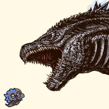 blue_eyes commentary giant giant_monster godzilla godzilla_(2014) godzilla_(monsterverse) godzilla_(series) kaiju legendary_pictures monster monsterverse numenoko open_mouth sharp_teeth simple_background solo spines tan_tan_pou teeth toho yellow_background