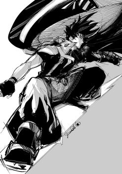 03_kyv 1boy anton_ivanov artist_name black_gloves black_hair black_shirt closed_mouth coat coat_on_shoulders fingerless_gloves gloves greyscale headband highres looking_to_the_side male_focus monochrome shirt simple_background solo spiked_hair striped_headband white_background zenless_zone_zero