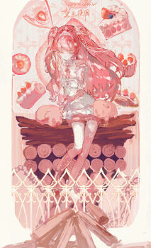 1girl absurdres cake cake_hair_ornament cake_slice character_request chinese_text commission copyright_request cupcake elbow_gloves english_text fingerless_gloves food food-themed_hair_ornament frilled_shirt frilled_shorts frills fruit full_body gloves hair_intakes hair_ornament highres kneehighs long_hair neck_ribbon pig pink_eyes pink_gloves pink_hair pink_ribbon pink_shorts pink_socks pink_theme polka_dot polka_dot_socks ribbon shirt shorts socks solo strawberry strawberry_shortcake sweets tiara two_side_up very_long_hair white_shirt x_hair_ornament zhichitianshi