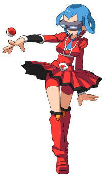 1girl belt bike_shorts blue_hair boots breasts covered_eyes full_body hair_rings head-mounted_display mable_(pokemon) miniskirt nintendo poke_ball pokemon pokemon_xy red_boots red_shorts red_skirt shorts simple_background skirt solo squemezzo team_flare