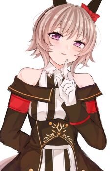 1girl animal_ears bare_shoulders black_hairband blush bow breasts coat curren_chan_(fille_eclair)_(umamusume) curren_chan_(umamusume) dress ear_bow ear_covers gloves grey_hair hair_between_eyes hairband highres horse_ears horse_girl horse_tail long_sleeves looking_at_viewer nayasana101210 off-shoulder_coat off-shoulder_dress off-shoulder_jacket off_shoulder parted_lips purple_eyes red_bow short_hair simple_background smile solo striped_clothes striped_dress tail umamusume vertical-striped_clothes vertical-striped_dress white_background white_gloves