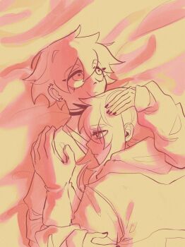 abaddon_(haunted_hotel) aged_up bed_sheet choker esther_freeling ghostie1124 gloves hand_on_another&#039;s_head hand_on_another&#039;s_shoulder hashtag-only_commentary haunted_hotel hetero highres looking_to_the_side lying lying_on_person monochrome on_back short_hair sweater yellow_theme