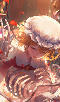 1girl :d absurdres ascot blonde_hair closed_eyes collared_shirt commentary_request crystal_wings falling_petals fangs flandre_scarlet frilled_shirt_collar frills hat highres holding_hands holding_skeleton indoors leaning_forward mob_cap open_mouth osakana_(0519_sakana) petals pointy_ears puffy_short_sleeves puffy_sleeves red_skirt red_vest rose_petals shirt short_hair short_sleeves skeleton skirt smile solo touhou vest watermark wings yellow_ascot