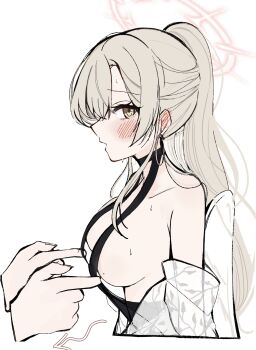 Rule 34 | 1girl, absurdres, black one-piece swimsuit, blonde hair, blue archive, blush, breasts, closed mouth, clothes pull, cropped torso, halterneck, hayato hoshi604, highres, jewelry, long hair, medium breasts, nagisa (blue archive), nagisa (swimsuit) (blue archive), necklace, official alternate costume, official alternate hairstyle, one-piece swimsuit, one-piece swimsuit pull, ponytail, sideboob, simple background, sunglasses, swimsuit, swimsuit cover-up, swimsuit under clothes, white background, white wings, wings