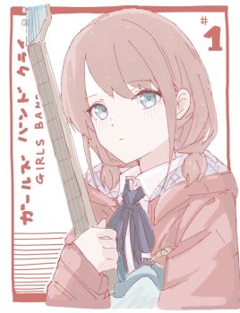 1girl blue_ribbon brown_hair derivative_work electric_guitar girls_band_cry guitar hugging_object inset_border instrument iseri_nina jacket long_hair low_twintails n_nai_nai_n neck_ribbon red_jacket ribbon short_hair short_twintails solo twintails upper_body wet wet_hair