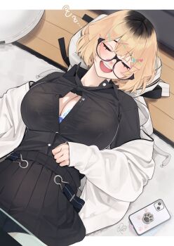 1girl black_shirt black_skirt blonde_hair blush bra bra_peek breasts button_gap cellphone cleavage glasses haru_(rerrere) highres jacket large_breasts long_sleeves lying medium_hair multicolored_hair on_back open_clothes open_jacket open_mouth original phone rerrere roots_(hair) shirt skirt sleeping sleeves_past_wrists smartphone solo underwear wooden_floor