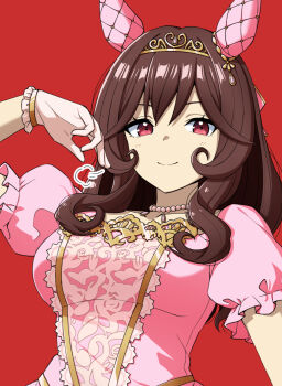 1girl breasts brown_hair commentary_request dress ear_covers gentildonna_(la_dama_perfetta)_(umamusume) gentildonna_(umamusume) highres jewelry moti_coi necklace official_alternate_costume pearl_necklace pink_dress puffy_short_sleeves puffy_sleeves red_background red_eyes short_sleeves smile solo tiara umamusume