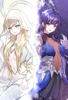 2girls black_choker black_skirt blonde_hair blue_eyes bodysuit choker corruption covered_navel dark_persona dreaminglum final_fantasy final_fantasy_xiv gaia_(ff14) grin highres long_hair looking_at_viewer multiple_girls navel no_pupils parted_lips plunging_neckline possessed possession purple_hair ryne_waters see-through_clothes shiva_(final_fantasy) skirt smile split_screen square_enix white_bodysuit