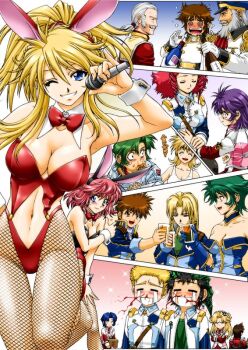 @_@ alcohol anger_vein aya_kobayashi beard blonde_hair blood blue_eyes blush bow bowtie breasts brooklyn_luckfield cleavage daitetsu_minase drunk everyone excellen_browning facial_hair fishnet_pantyhose fishnets food garnet_sunday grin kimura_akihiro kusuha_mizuha kyousuke_nanbu large_breasts latune_subbota lefina_enfield leona_garstein liquor lune_zoldark masaki_andoh microphone mustache navel nosebleed official_art one_eye_closed pantyhose playboy_bunny ponytail raidese_f_branstein ryuusei_date saliva sean_webley smile super_robot_wars super_robot_wars_original_generation sweat tetsuya_onodera