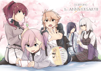 Rule 34 | 5girls, anniversary, bikini, black bikini, black hair, black jacket, black pantyhose, blue eyes, blush, braid, braided sidelock, brown hair, brown overalls, casual, cellphone, cherry blossoms, collarbone, colored tips, commentary request, dango, eyes visible through hair, fang, flying sweatdrops, food, grey hair, grey sweater, hair over one eye, holding, holding food, holding phone, jacket, jouhou, konohana suzuka, long hair, long sleeves, looking at another, medium hair, multicolored hair, multiple girls, musical note, one side up, open clothes, open jacket, open mouth, origami yukari, overalls, pantyhose, parted bangs, phone, pink hair, plaid clothes, plaid overalls, ponytail, red eyes, red hair, satsuki yomi, seiza, shidou maki (toji no miko), shirt, short hair, sidelocks, sitting, skin fang, skirt, smartphone, sweater, swimsuit, toji no miko, tsubakuro yume, v-shaped eyebrows, very long hair, wagashi, white shirt