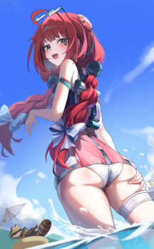 1girl 1other absurdres aett_(hayp5725) ass bare_shoulders blue_sky blush bow cloud eyewear_on_head facial_mark from_behind grabbing_own_ass green_eyes hair_ornament hair_ribbon hearing_aid heart heart-shaped_eyewear heart_facial_mark highres holding holding_umbrella kamanosuke_(zenless_zone_zero) looking_at_viewer looking_back multiple_hair_ribbons ocean open_mouth panties raccoon red_hair ribbon sky sphere_hair_ornament sunglasses swim_ring swimsuit tanuki teeth thigh_strap tongue twintails two-tone_one-piece_swimsuit ukinami_yuzuha ukinami_yuzuha_(tanuki_in_broad_daylight) umbrella underwear upper_teeth_only water water_gun wet white_bow white_panties white_umbrella zenless_zone_zero