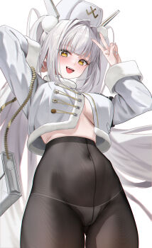 1girl absurdres blanc_(fortune_express)_(nikke) blanc_(nikke) blush breasts brown_pantyhose cleavage commentary covered_navel cropped_jacket goddess_of_victory:_nikke hat high-waist_pantyhose highres jacket large_breasts long_hair long_sleeves looking_at_viewer open_mouth panties panties_under_pantyhose pantyhose smile solo underwear white_hair white_hat white_jacket yellow_eyes zhudouzi