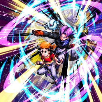 1boy 1girl dragon_ball dragon_ball_gt dragon_ball_legends flying giru_(dragon_ball) happy highres official_art pan_(dragon_ball) robot smile spaceship trunks_(dragon_ball)