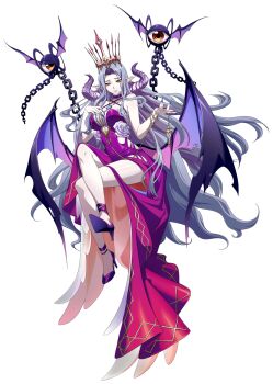 1girl absurdres ankle_strap bare_arms bare_shoulders bat_wings beckoning big_hair black_wings blue_gemstone blue_nails bracelet breasts chain chain_necklace choker cleavage closed_mouth clothing_cutout collarbone colored_skin covered_navel criss-cross_halter crossed_legs crown curled_horns demon demon_girl demon_horns demon_wings dress dress_flower fingernails floating floating_hair flower full_body game_cg gem gold_bracelet gradient_wings grey_hair halter_dress halterneck hand_on_own_chest high-low_dress high_heels highres hip_vent holding horns jewelry langrisser langrisser_mobile langrisser_re:incarnation large_breasts layered_dress legs long_dress long_hair long_sidelocks looking_at_viewer low-cut low_wings monster multicolored_wings nail_polish necklace official_alternate_costume official_art parted_bangs patsyr_(langrisser) pointed_crown pointy_ears pumps purple_choker purple_dress purple_horns purple_shoes red_eyes second-party_source shoes side_cutout sidelocks simple_background sitting sleeveless sleeveless_dress smile solo_focus tachi-e thigh_cutout torn_wings transparent_background two-tone_wings very_long_hair white_skin wings