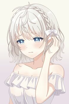 1girl absurdres antenna_hair bare_shoulders blonde_hair blue_eyes blush bow braid closed_mouth collarbone commentary_request crown_braid embarrassed gradient_background grey_background hair_between_eyes hair_bow hand_up highres mayaayu0214 medium_hair natalya_(shine_post) off-shoulder_shirt off_shoulder shine_post shirt solo upper_body white_background white_bow white_shirt