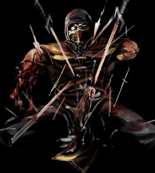 1boy amputee black_hood black_pants bleeding blood blood_on_arm blood_on_armor blood_on_clothes blood_on_ground bloody_weapon commentary cum cum_on_clothes cumdrip deep_wound dismemberment double_amputee empty_eyes erection ero_guro exposed_bone exposed_muscle facing_viewer grimace guro impaled inferno96 injury legless_amputee loincloth looking_at_viewer male_focus mask mortal_kombat_(series) mouth_mask muscular muscular_male no_sclera on_ground one_eye_closed pants scorpion_(mortal_kombat) sounding spread_legs stitched_arm stitches sword triple_amputee tunic urethral_insertion weapon white_eyes yellow_tunic