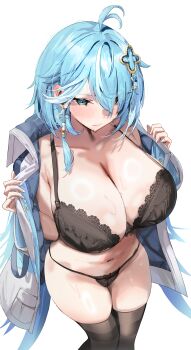 1girl absurdres ahoge black_bra black_panties black_thighhighs blue_eyes blue_hair blush bra breasts cleavage collarbone commentary_request ear_blush earrings hair_over_one_eye highres huge_breasts illusion_live jacket jewelry krabking navel open_clothes open_jacket panties saya_fortis simple_background single_earring stomach thighhighs underwear white_background white_jacket