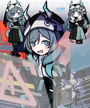 1girl absurdres arknights arknights:_endfield black_background black_dress black_veil blue_eyes blush c: character_name chibi chibi_inset dosei_no_kozika dress floating_screen gradient_background gradient_hair green_hair grid_background heart heart_in_eye highres horns long_sleeves multicolored_hair nervous open_mouth sign smile solo symbol_in_eye veil warning_sign white_background xaihi_(arknights)