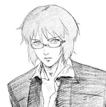 1girl aizheajsee collared_shirt cropped_torso ghost_in_the_shell ghost_in_the_shell:_stand_alone_complex glasses greyscale kusanagi_motoko looking_at_viewer medium_hair monochrome portrait shirt solo white_background