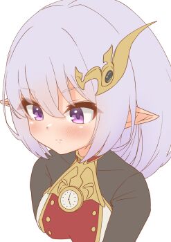 1girl absurdres black_shirt clock emil_chronicle_online hair_ornament highres jacket khronos_(eco) pointy_ears purple_eyes red_jacket shirt silver-index solo upper_body white_background white_hair white_jacket