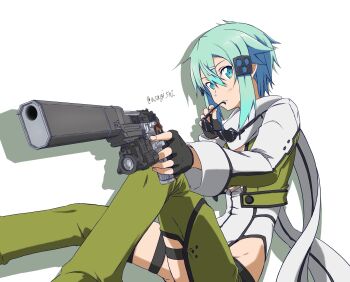 Rule 34 | 1girl, aqua eyes, aqua hair, armored leotard, artist name, asagi501, black-framed eyewear, black leotard, black trim, breasts, commentary request, cropped jacket, detached pants, double-parted bangs, drop shadow, feet out of frame, green jacket, green pants, groin, gun, hair between eyes, hair ornament, hairclip, handgun, hands up, highleg, highleg leotard, highres, holding, holding gun, holding removed eyewear, holding weapon, jacket, leotard, looking at viewer, medium hair, messy hair, multicolored jacket, multicolored leotard, open clothes, open jacket, pants, parted lips, samurai edge, scarf, sidelocks, simple background, sinon, sitting, skindentation, small breasts, solo, sunglasses, sword art online, tassets, thigh strap, twitter username, two-tone jacket, two-tone leotard, unworn eyewear, weapon, white background, white jacket, white leotard, white scarf