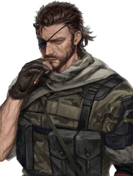 Rule 34 | 1boy, beard, black gloves, camouflage, cigar, diamond dogs, expressionless, eyepatch, facial hair, gloves, hamu popopo, highres, horns, metal gear (series), metal gear solid v: the phantom pain, partially fingerless gloves, scar, scar across eye, scar on face, scarf, single horn, smoking, solo, venom snake, white background
