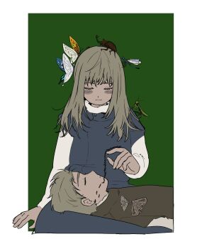 1boy 1girl aged_down ant blonde_hair blush_stickers border brother_and_sister bug butterfly closed_eyes dragonfly dungeon_meshi falin_touden falin_touden_(tallman) green_background highres hup_cheop insect insect_on_finger insect_on_head ladybug laios_touden lap_pillow long_hair lying mantis moth on_side siblings smile stag_beetle white_border