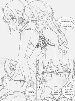 ! 2girls bare_shoulders braid closed_mouth commentary dress english_text greyscale half_up_braid highres hug hug_from_behind kiss kissing_neck kusanagi_nene long_hair monochrome multiple_girls ootori_emu project_sekai speech_bubble spoken_exclamation_mark sweat symbol-only_commentary the_coconutnut yuri