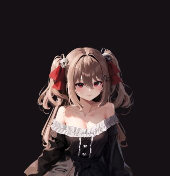 Rule 34 | 1girl, absurdres, ai-generated art (topic), black background, black dress, breasts, broken heart, broken heart hair ornament, brown hair, closed mouth, collarbone, commentary, dress, english commentary, evil neuro-sama, hair between eyes, hair ornament, hair ribbon, highres, indie virtual youtuber, long hair, long sleeves, looking at viewer, making-of available, medium breasts, neuro-sama, okrocketboy1, red eyes, red ribbon, ribbon, simple background, skull hair ornament, smile, solo, two side up, upper body, virtual youtuber