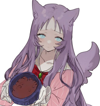 Rule 34 | 1girl, animal ear fluff, animal ears, blue eyes, bow, bowl, brooch, cat ears, cat girl, cat tail, choppy bangs, closed mouth, commentary request, eurasia (wtp09ptw14), francoise (eurasia), gem, gloves, green gemstone, highres, holding, holding bowl, jewelry, kemonomimi mode, long hair, long sleeves, looking at viewer, original, pet bowl, pet food, pink shirt, purple hair, red bow, shirt, simple background, sketch, solo, striped clothes, striped shirt, tail, upper body, vertical-striped clothes, vertical-striped shirt, white background, white gloves