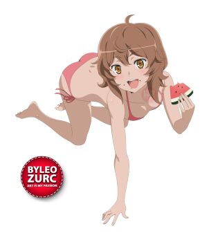 1girl ass blush bra breasts brown_hair dungeon_ni_deai_wo_motomeru_no_wa_machigatteiru_darou_ka food fruit leozurcxxx liliruca_arde panties short_hair solo swimsuit transparent_background underwear watermelon