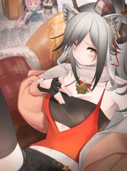 Rule 34 | 1girl, absurdres, animal ears, arknights, bandeau, bell, black bandeau, black gloves, black skirt, black thighhighs, blush, breasts, cat ears, cat girl, ceylon (arknights), character doll, cleavage, doll, fingerless gloves, gloves, grey hair, highres, looking at viewer, medium breasts, neck bell, official alternate costume, reclining, red shirt, revision, scarf, schwarz (arknights), schwarz (presents) (arknights), shirt, skirt, solo, thighhighs, upper body, white scarf, yellow eyes, yunnasu