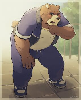 1boy absurdres animal_ears artist_name bara bear_boy bear_ears bear_tail blue_jacket blue_pants blush brown_fur furry furry_male heavy_breathing highres jacket juuichi_mikazuki kakukaku_(kakukaku023) looking_at_viewer male_focus morenatsu open_mouth pants sweatdrop tail tank_top track_jacket track_pants white_tank_top