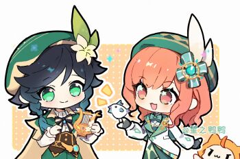 1boy 1girl ambird_(infinity_nikki) animal argyle_clothes argyle_hat artist_name bad_link baggy_shorts beret bird bird_on_hand black_bow black_bowtie black_gloves black_hair border bow bowtie braid brown_corset brown_eyes buttons cape capelet cat cherilynorz chibi chinese_commentary closed_mouth clothed_animal coat collared_capelet collared_coat collared_shirt commentary_request contrast_lapels corset cowboy_shot crossover dress_shirt fingerless_gloves floral_print flower frilled_sleeves frills gem gem_hair_ornament genshin_impact gloves gold_buttons gradient_hair green_bow green_bowtie green_capelet green_eyes green_gem green_hat green_shorts hair_bow hair_flower hair_ornament hair_tie halftone halftone_background happy hat hat_feather holding holding_instrument holding_lyre infinity_nikki instrument lapel_pin lapels leaf_hair_ornament light_blush lily_(flower) long_hair long_sleeves looking_at_another lyre meadow_symphony_(infinity_nikki) momo_(nikki) multicolored_hair musical_note_brooch nikki_(series) notched_lapels notice_lines open_mouth orange_background orange_hair outline outside_border outstretched_hand pocket print_headwear puffy_long_sleeves puffy_sleeves shirt shorts single_stripe smile sparkle striped_bow striped_bowtie striped_clothes tareme traditional_bowtie treble_clef twin_braids venti_(genshin_impact) vision_(genshin_impact) wavy_hair white_border white_cape white_cat white_coat white_flower white_outline white_shirt